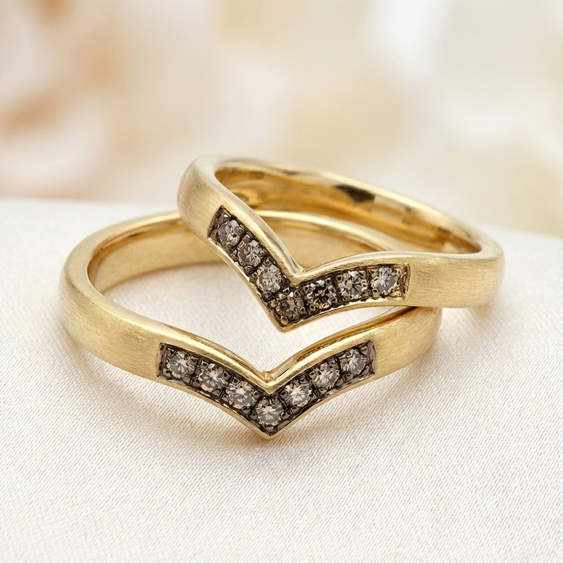 Sotiya V-shaped Design Round Cut Coffee Couple Rings Sterling Silver-Sotiya