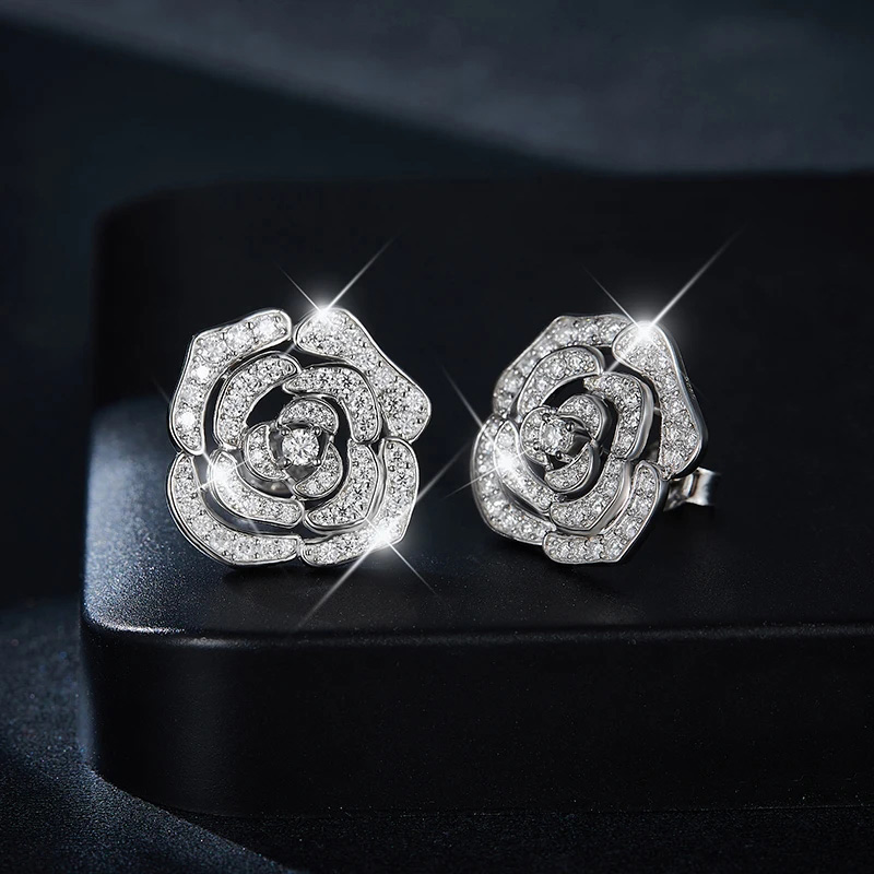 Sotiya Hollow Rose Round Cut Moissanite Stud Earrings Sterling Silver-Sotiya