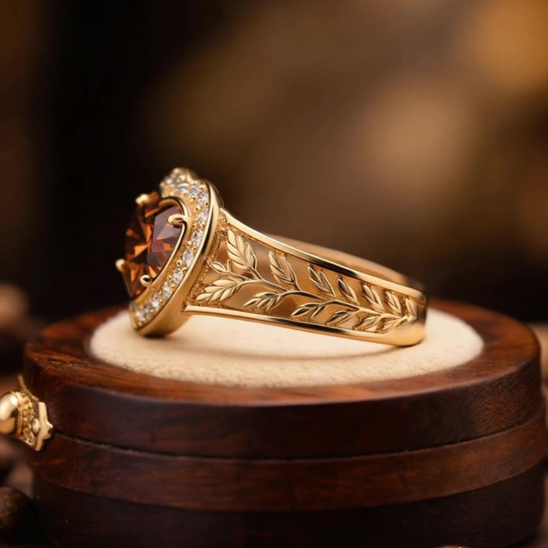 Sotiya Halo Heart Cut Vintage Leaf Coffee Engagement Ring Sterling Silver-Sotiya