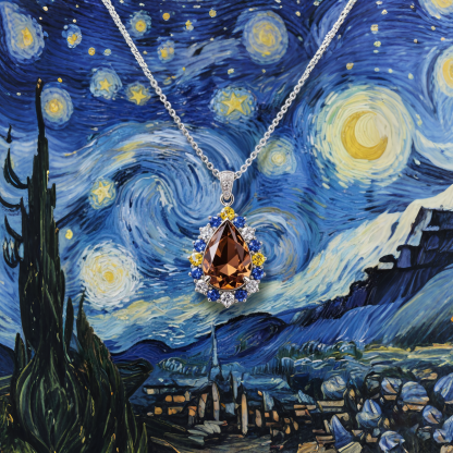 Sotiya Artist Collection Famous Painting Starry Night Halo Pear Cut Chocolate Necklace Sterling Silver-Sotiya