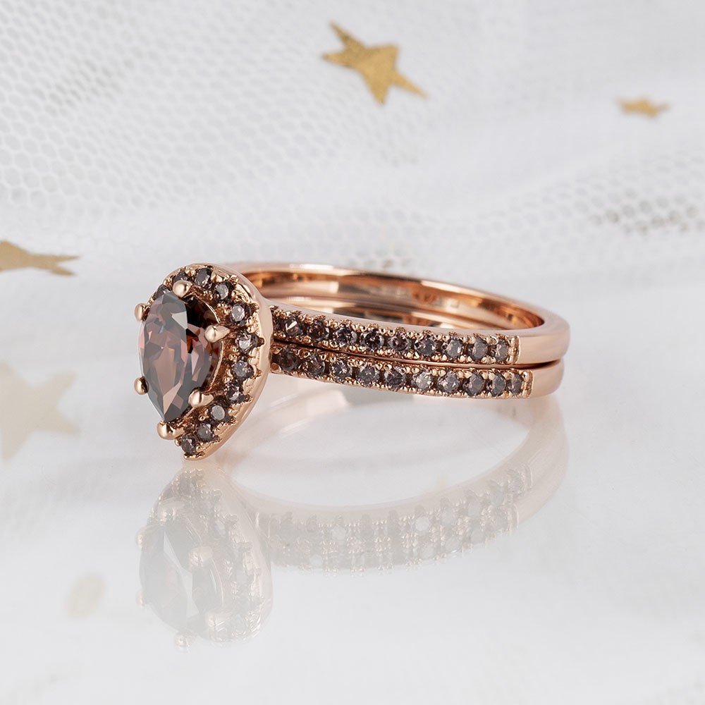 Sotiya Pear Cut Chocolate Rose Gold Halo Wedding Bridal Ring Set Sterling Silver-Sotiya
