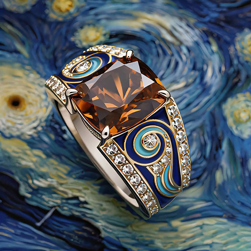 Sotiya Artist Collection Famous Painting Starry Night Vintage Cushion Cut Coffee Engagement Ring Sterling Silver-Sotiya