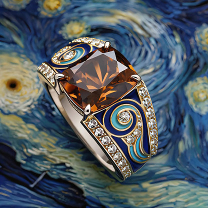 Sotiya Artist Collection Famous Painting Starry Night Vintage Cushion Cut Coffee Engagement Ring Sterling Silver-Sotiya