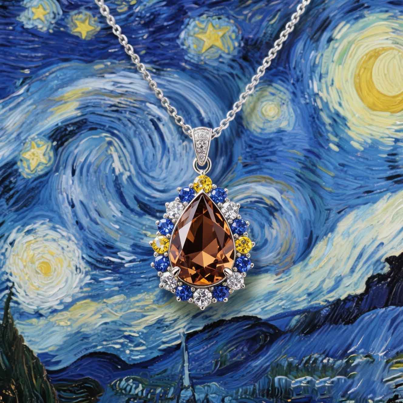 Sotiya Artist Collection Famous Painting Starry Night Halo Pear Cut Chocolate Necklace Sterling Silver-Sotiya