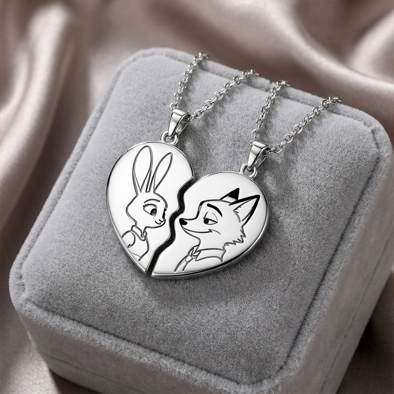 Animal City Bunny and Fox Inspired Couple Heart Necklace-Sotiya