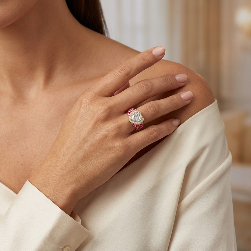 Sotiya Halo Heart Cut Leopard Print Pink Enamel Ring Sterling Silver-Sotiya