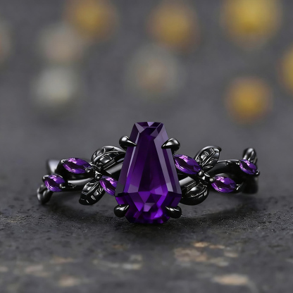 Sotiya Vintage Amethyst Nature Inspired Coffin Cut Wedding Bridal Ring Set Sterling Silver-Sotiya