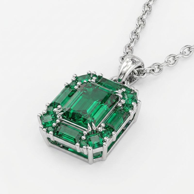 Sotiya Halo Radiant Cut Emerald Green Necklace Sterling Silver