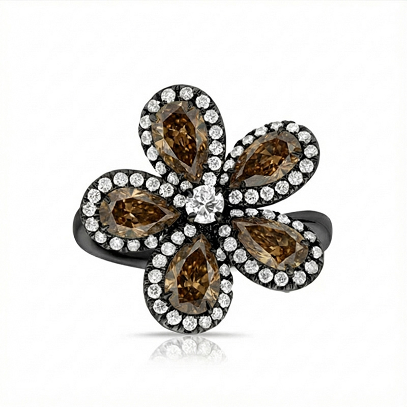 Sotiya Flower Halo Pear Cut Coffee Cocktail Ring Sterling Silver-Sotiya