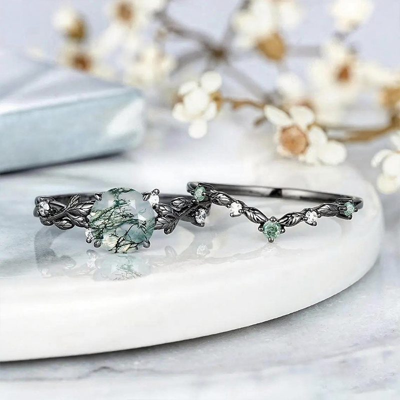 Sotiya Nature Inspired Round Cut Green Moss Agate Wedding Bridal Ring Set Sterling Silver-Sotiya