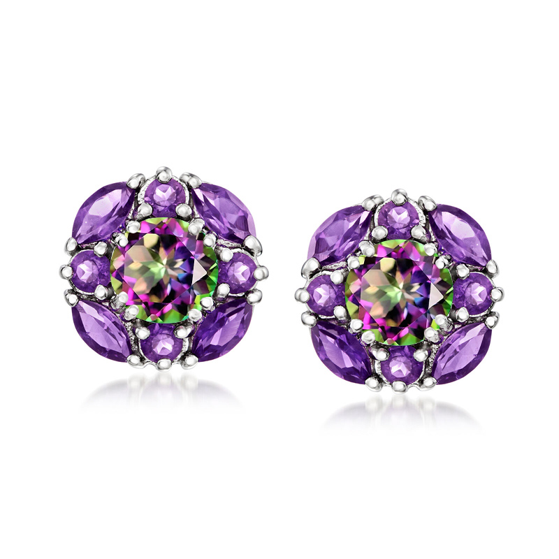 Sotiya Halo Amethyst and Rainbow Mystic Quartz Round Cut Stud Earrings Sterling Silver-Sotiya