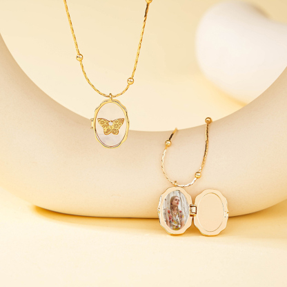 Sotiya Butterfly Shell Personalized Photo Locket Necklace-Sotiya