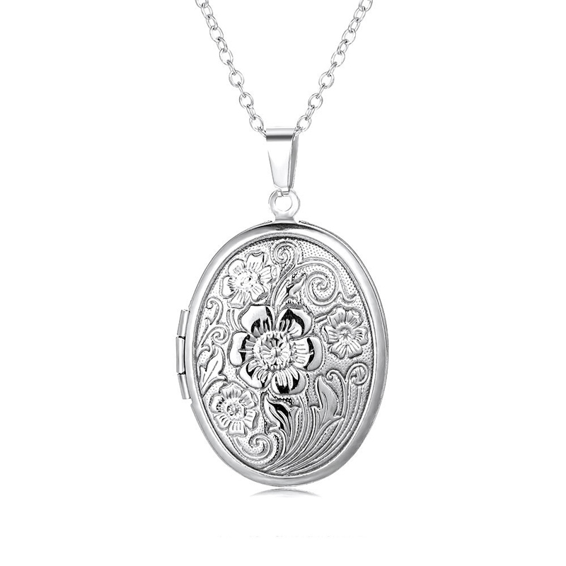 Sotiya Vintage Floral Print Oval Personalized Photo Locket Necklace Stainless Steel-Sotiya