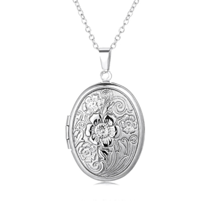 Sotiya Vintage Floral Print Oval Personalized Photo Locket Necklace Stainless Steel-Sotiya