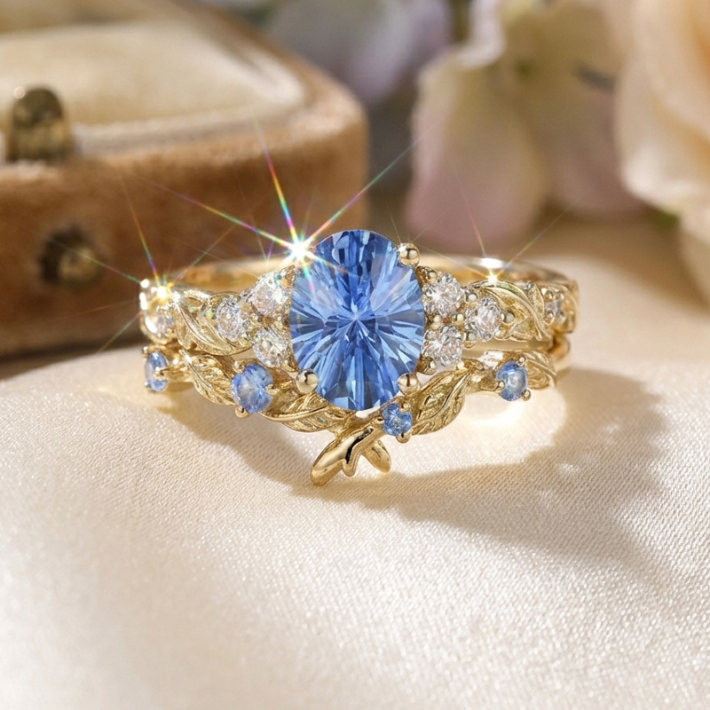 Sotiya Leaf Cluster Aquamarine Blue Oval Fantasy Starbrite Cut Wedding Bridal Ring Set Sterling Silver-Sotiya