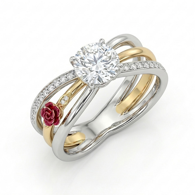 Sotiya Enchanted Enamel Red Rose Round Cut Engagement Ring Sterling Silver-Sotiya