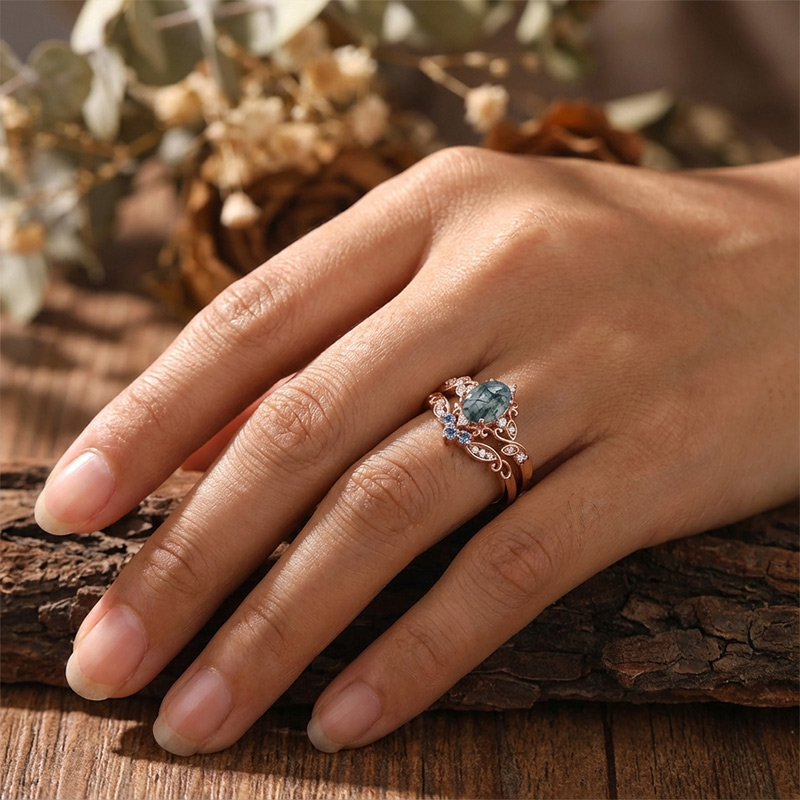 Sotiya Vintage Cornflower Moss Agate Oval Cut Wedding Bridal Ring Set Sterling Silver-Sotiya