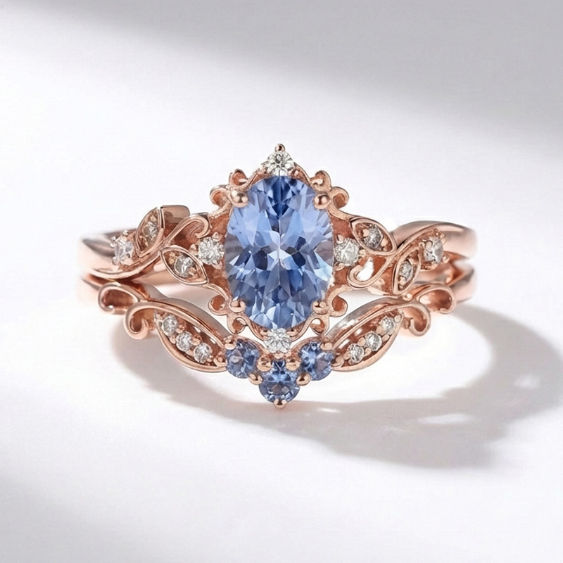 Sotiya Vintage Cornflower Aquamarine Blue Oval Fantasy Starbrite Cut Wedding Bridal Ring Set Sterling Silver-Sotiya