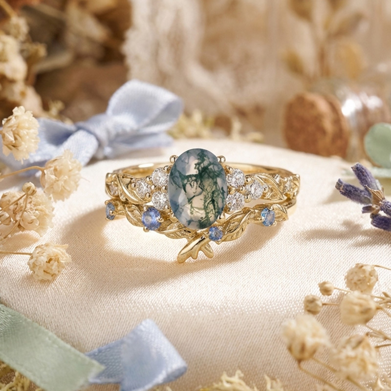 Sotiya Leaf Cluster Moss Agate Oval Cut Wedding Bridal Ring Set Sterling Silver-Sotiya