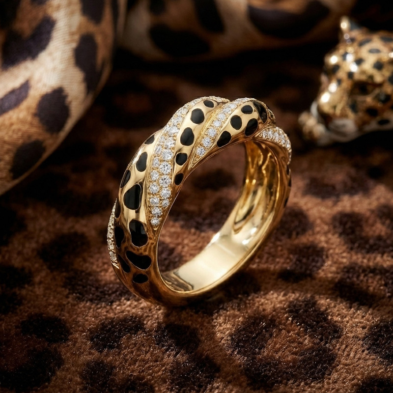 Sotiya Twist Leopard Print Black Enamel Ring Sterling Silver-Sotiya