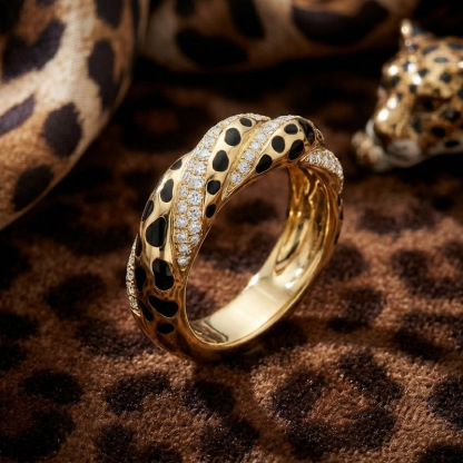 Sotiya Twist Leopard Print Black Enamel Ring Sterling Silver-Sotiya