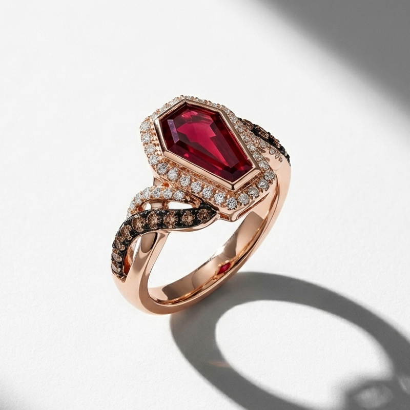 Sotiya Two Tone Twist Shank Halo Coffin Cut Coffee Engagement Ring Sterling Silver-Sotiya