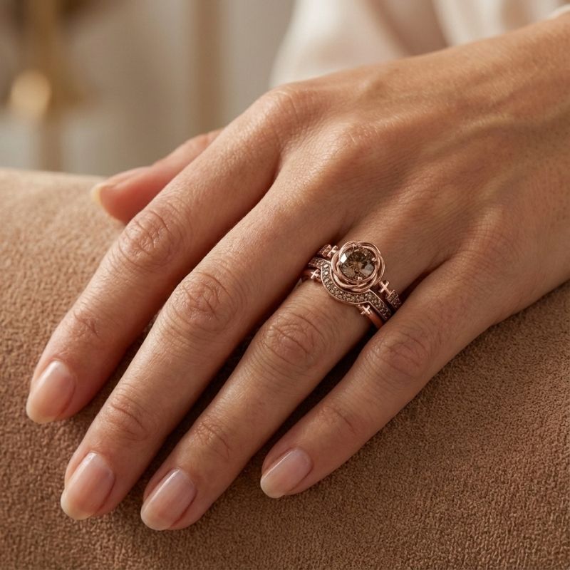 Sotiya 3PC Rose Design Faith Cross Coffee Round Cut Wedding Bridal Ring Set Sterling Silver-Sotiya