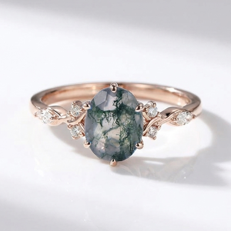 Sotiya Twisted Vine Moss Agate Oval Cut Engagement Ring Sterling Silver-Sotiya