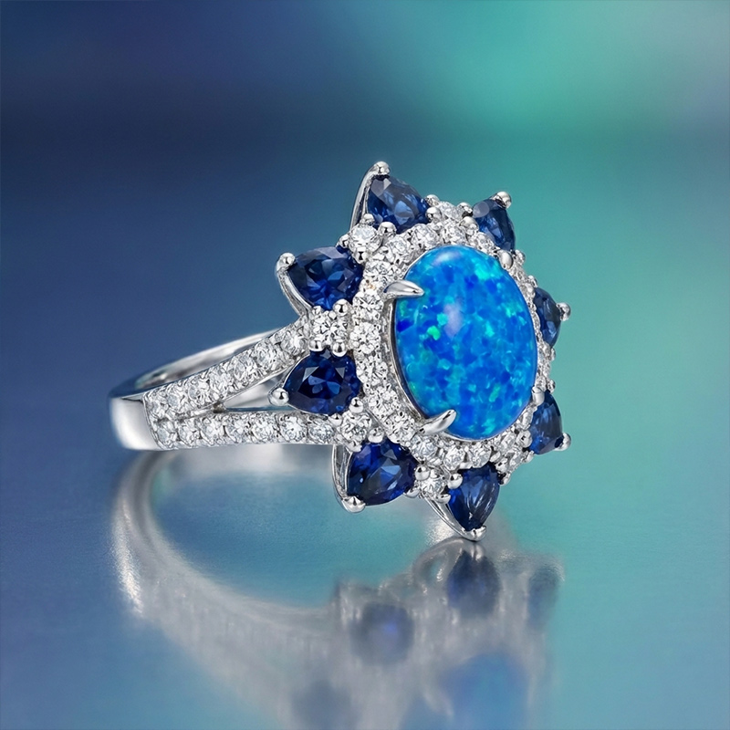 Sotiya Halo Oval Cut Lab Grown Opal Engagement Ring Sterling Silver