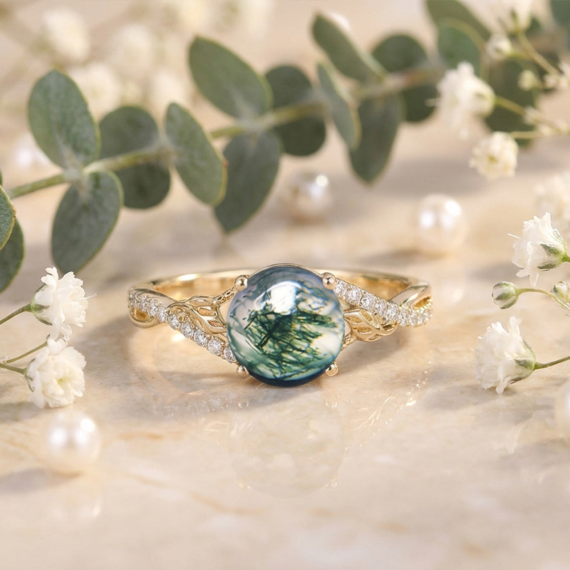 Sotiya Leaf Twist Green Moss Agate Round Cut Engagement Ring Sterling Silver-Sotiya