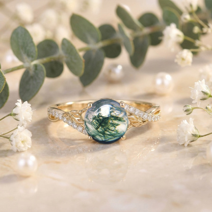 Sotiya Leaf Twist Green Moss Agate Round Cut Engagement Ring Sterling Silver-Sotiya