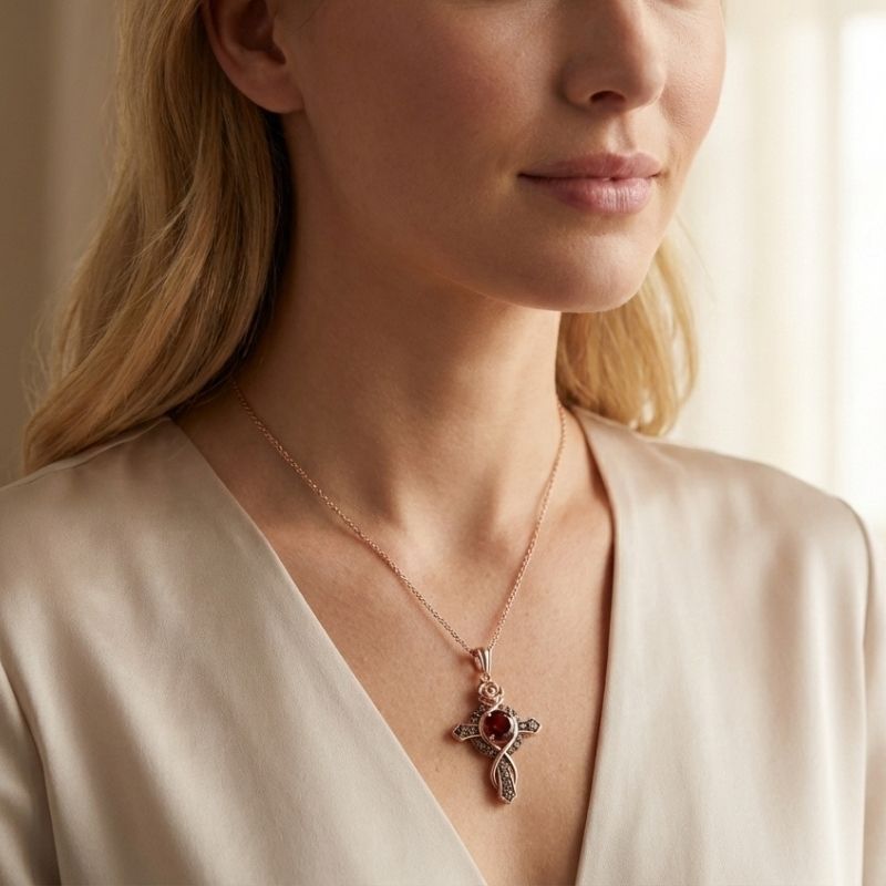 Sotiya Rose Design Faith Cross Coffee Round Cut Necklace Sterling Silver-Sotiya