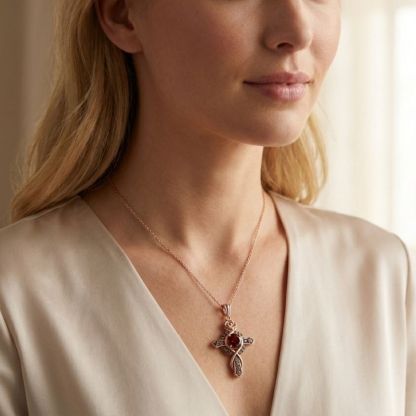 Sotiya Rose Design Faith Cross Coffee Round Cut Necklace Sterling Silver-Sotiya