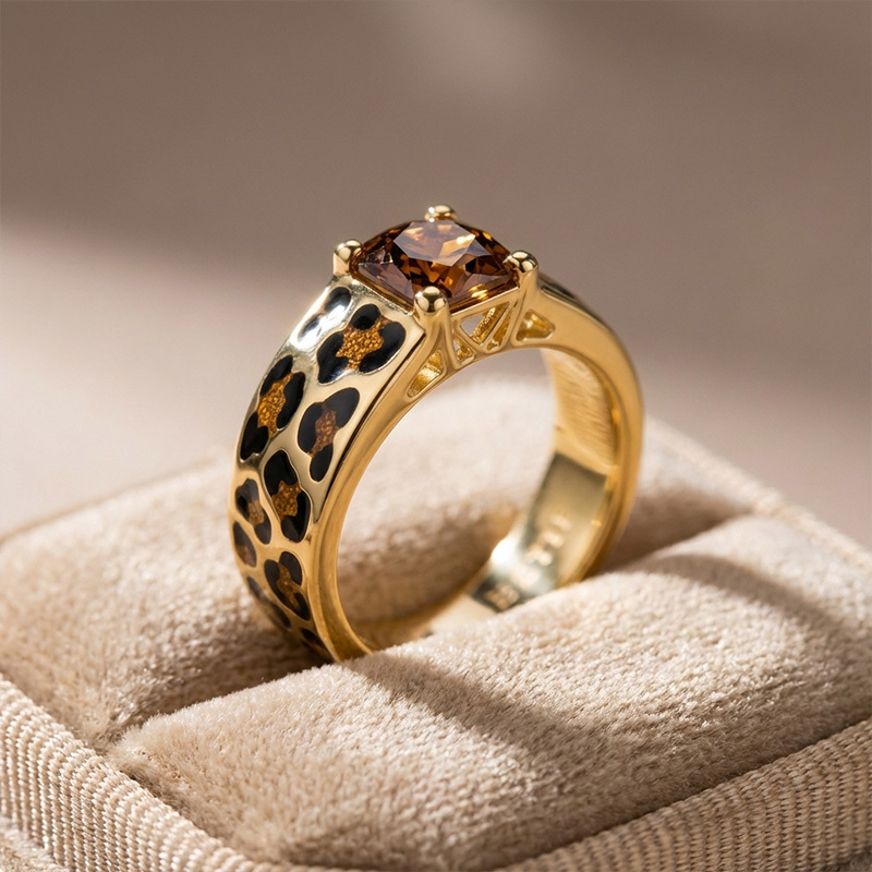 Sotiya Princess Cut Leopard Print Coffee Enamel Ring Sterling Silver-Sotiya