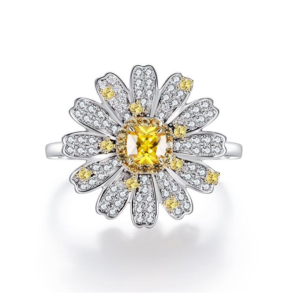 Sotiya Halo Cushion Cut Citrine Daisy Flower Ring High-carbon Zircon Sterling Silver-Sotiya