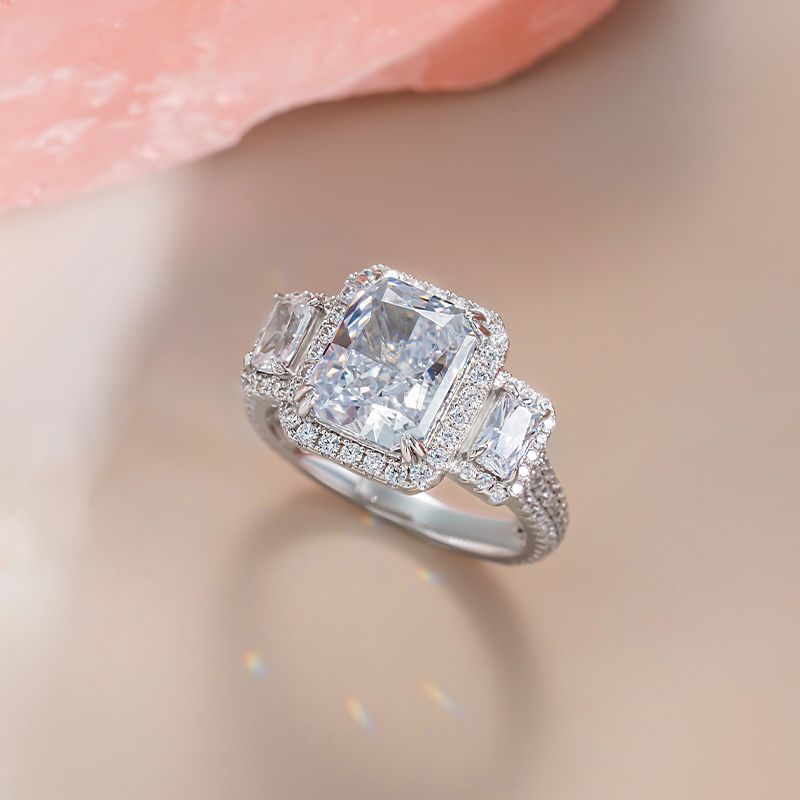 Sotiya Three Stone Halo Radiant Cut Engagement Ring High-carbon Zircon Sterling Silver-Sotiya