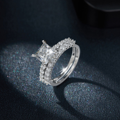 Sotiya Side Stones Princess Cut Moissanite Wedding Bridal Ring Set Sterling Silver-Sotiya