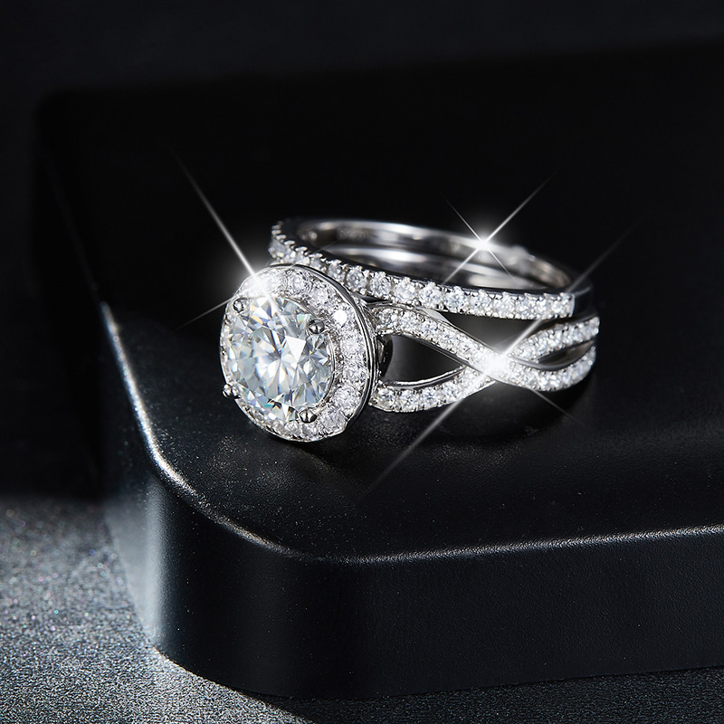 Sotiya Halo Round Cut Twist Moissanite Wedding Bridal Ring Set Sterling Silver-Sotiya