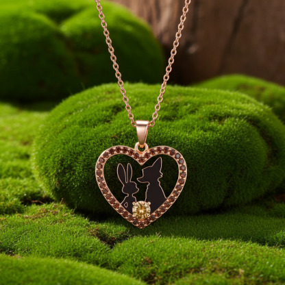 Sotiya Animal City Heart Shaped Bunny & Fox Round Cut Coffee Necklace-Sotiya