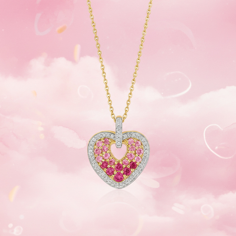 Sotiya Gradient Hot Pink Round Cut Halo Heart Necklace Sterling Silver