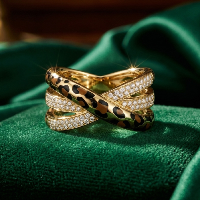 Sotiya Cross Leopard Print Coffee Enamel Ring Sterling Silver-Sotiya