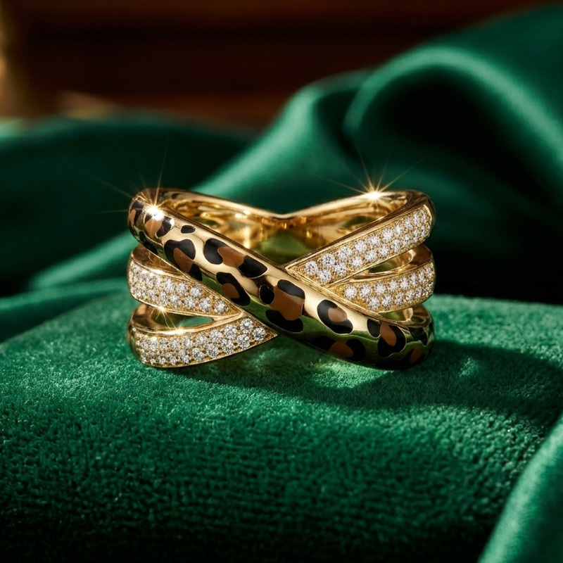 Sotiya Cross Leopard Print Coffee Enamel Ring Sterling Silver-Sotiya