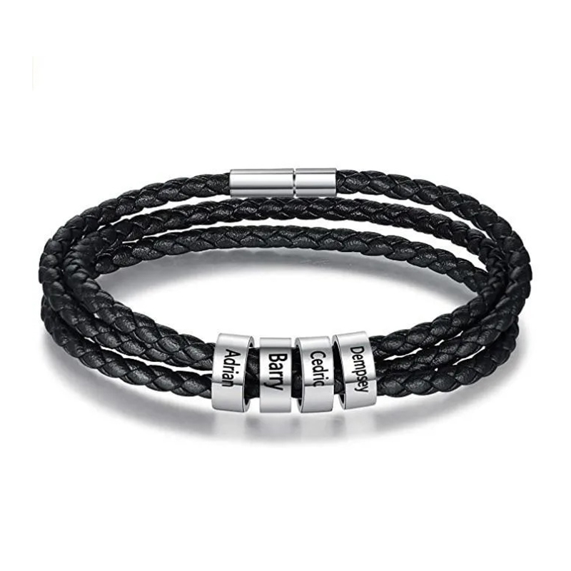Sotiya Men's Braided Leather Bracelet with Custom Beaded in Tungsten-Sotiya