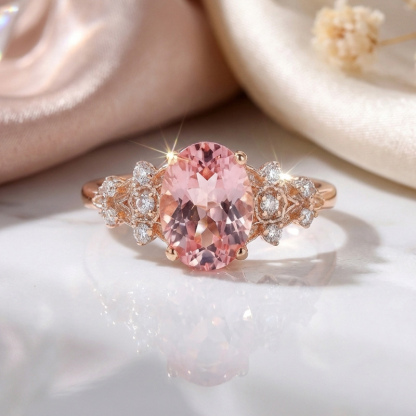 Sotiya Floral Sidestones Pink Oval Fantasy Starbrite Cut Engagement Ring Sterling Silver-Sotiya