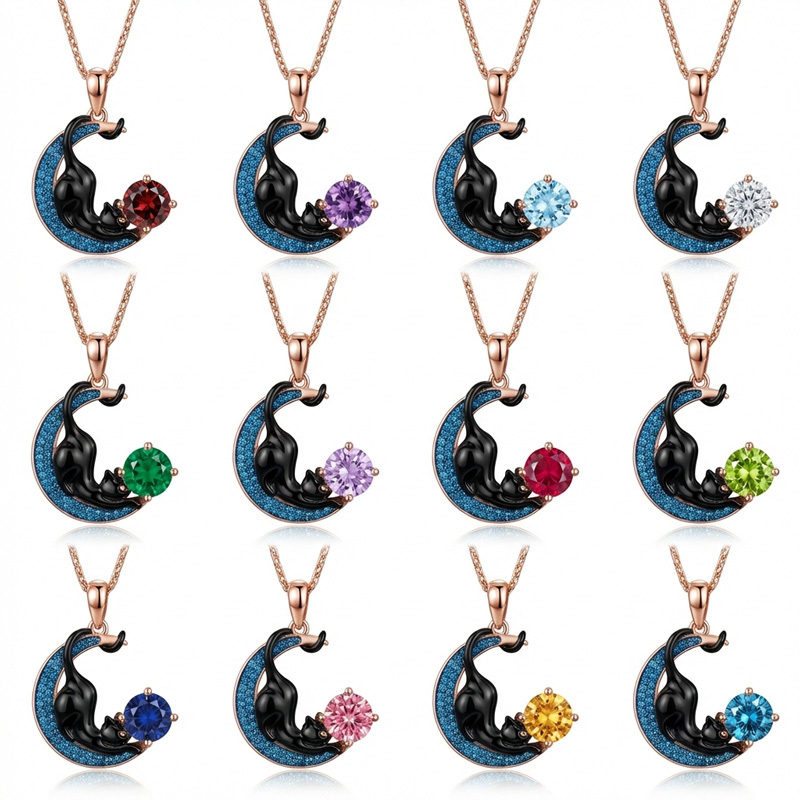 Sotiya 12 Birthstones Crescent Moon & Black Cat Round Cut Necklace Sterling Silver-Sotiya
