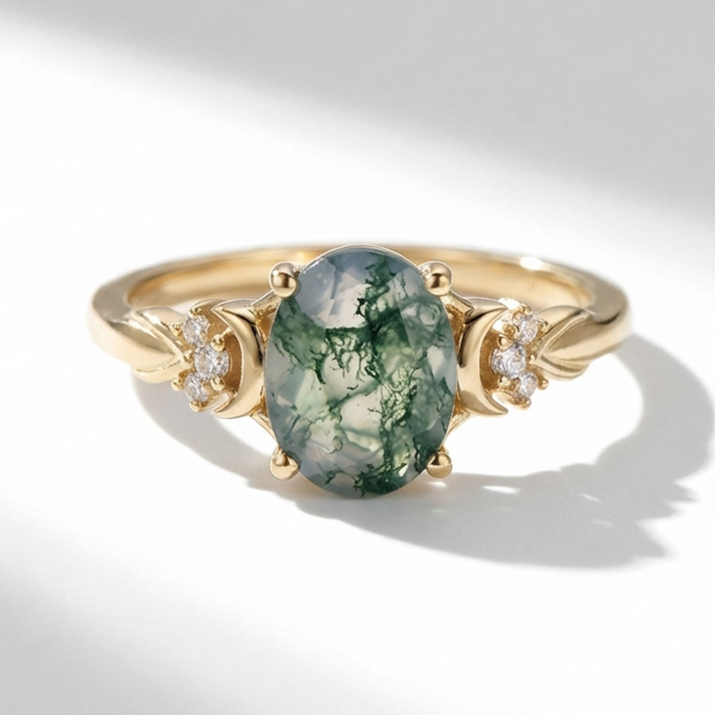 Sotiya Moon Design Moss Agate Oval Cut Engagement Ring Sterling Silver-Sotiya
