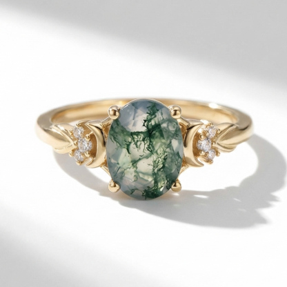 Sotiya Moon Design Moss Agate Oval Cut Engagement Ring Sterling Silver-Sotiya