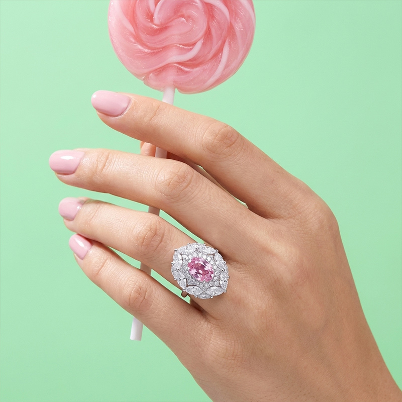 Sotiya Unique Two Halo Lab Grown Synthetic Morganite Oval Cut Engagement Ring Sterling Silver