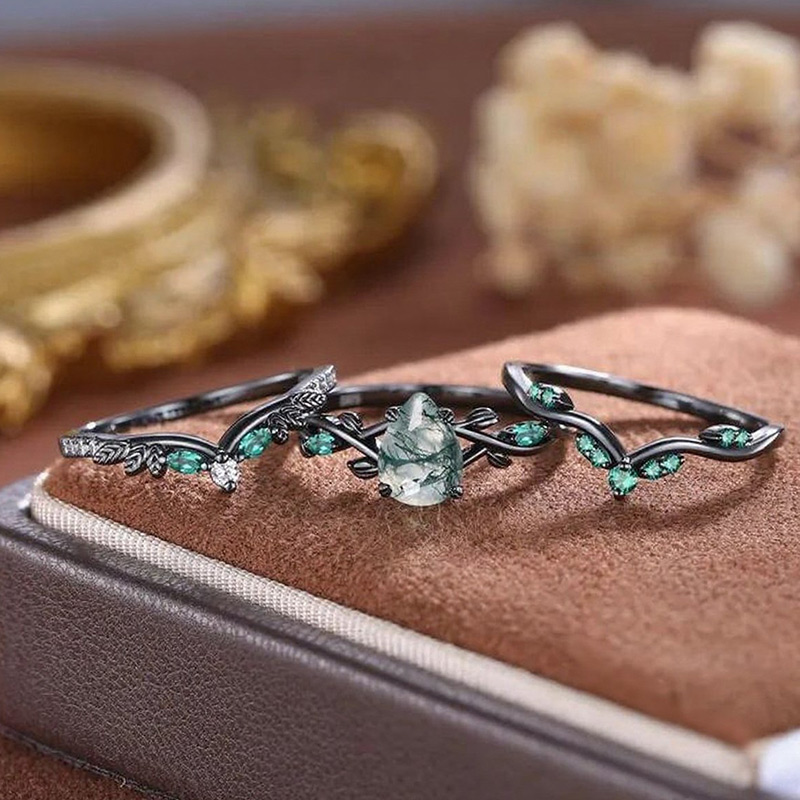 Sotiya 3PC Nature Inspired Pear Cut Green Moss Agate Wedding Bridal Ring Set Sterling Silver-Sotiya