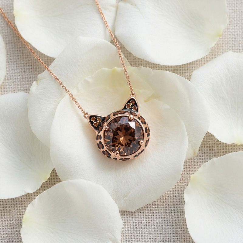 Sotiya Cat Design Round Cut Leopard Print Coffee Enamel Necklace Sterling Silver-Sotiya